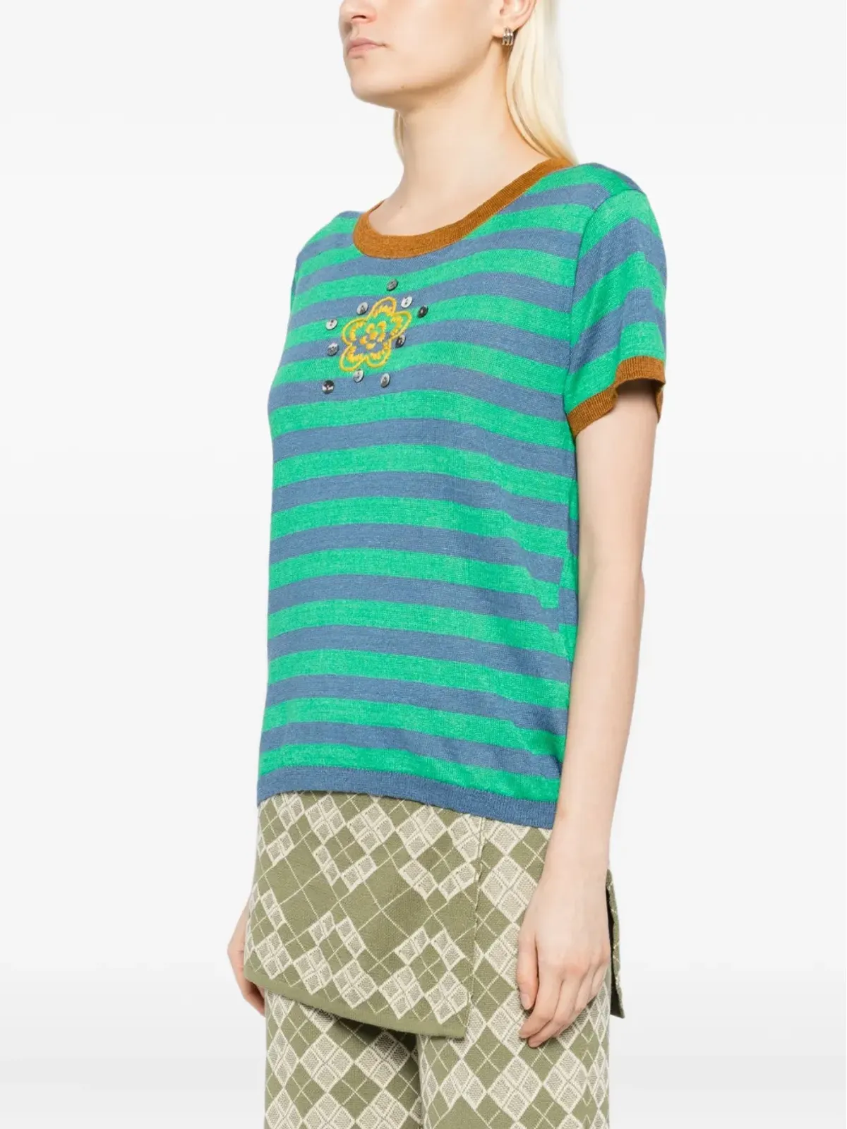 YANYAN KNITS リネンストライプTシャツ（グリーン） - 画像3