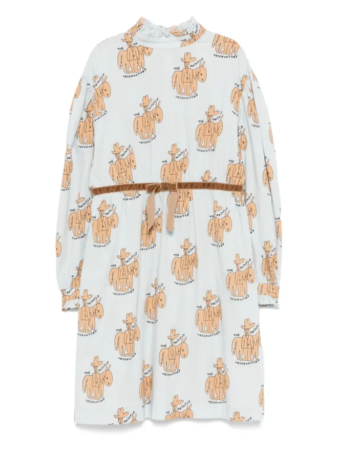 The Animals Observatory The Animals Observatory 亀と馬プリントのフリルネック ミディドレス（ブルー）の商品画像