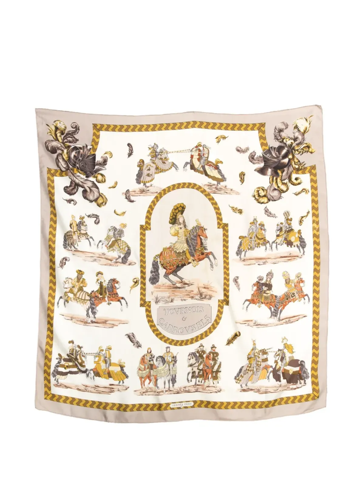 ビンテージ Hermès 1960年代 Tournois et Carrousels シルクスカーフ - グレー - 画像1