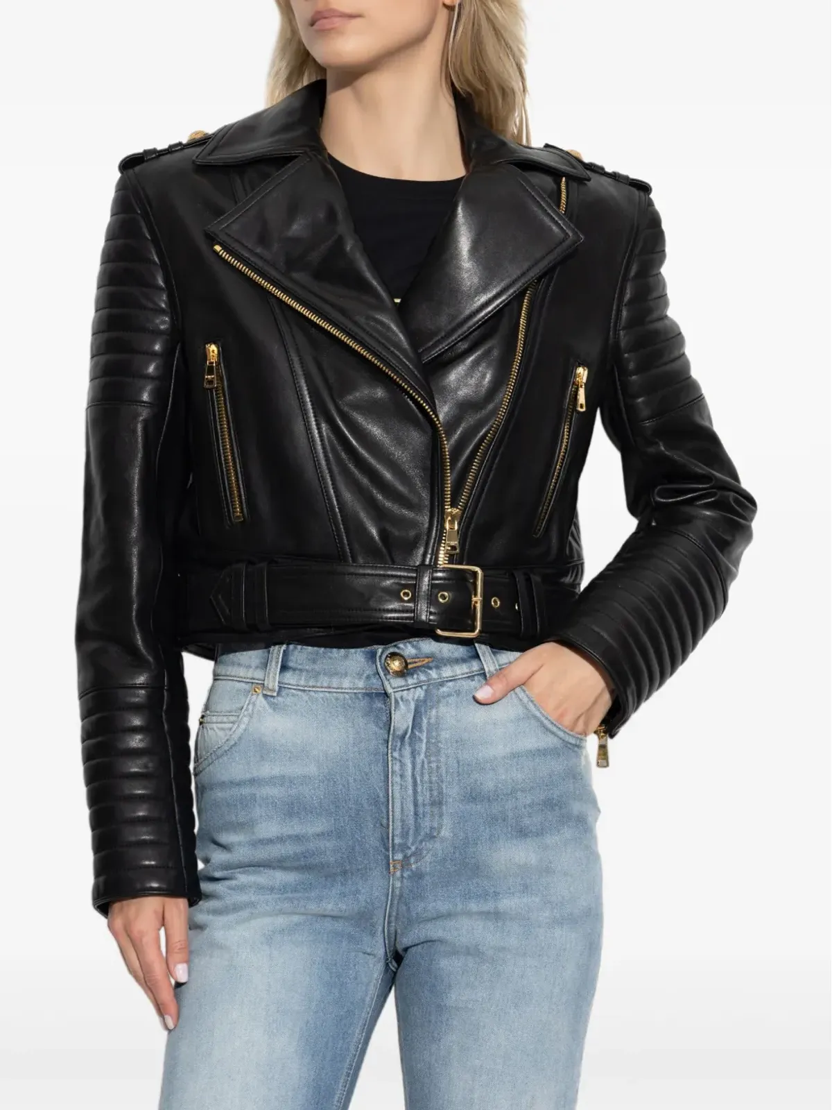 Balmain アシンメトリカルジップ レザー ジャケット ブラック - 画像3
