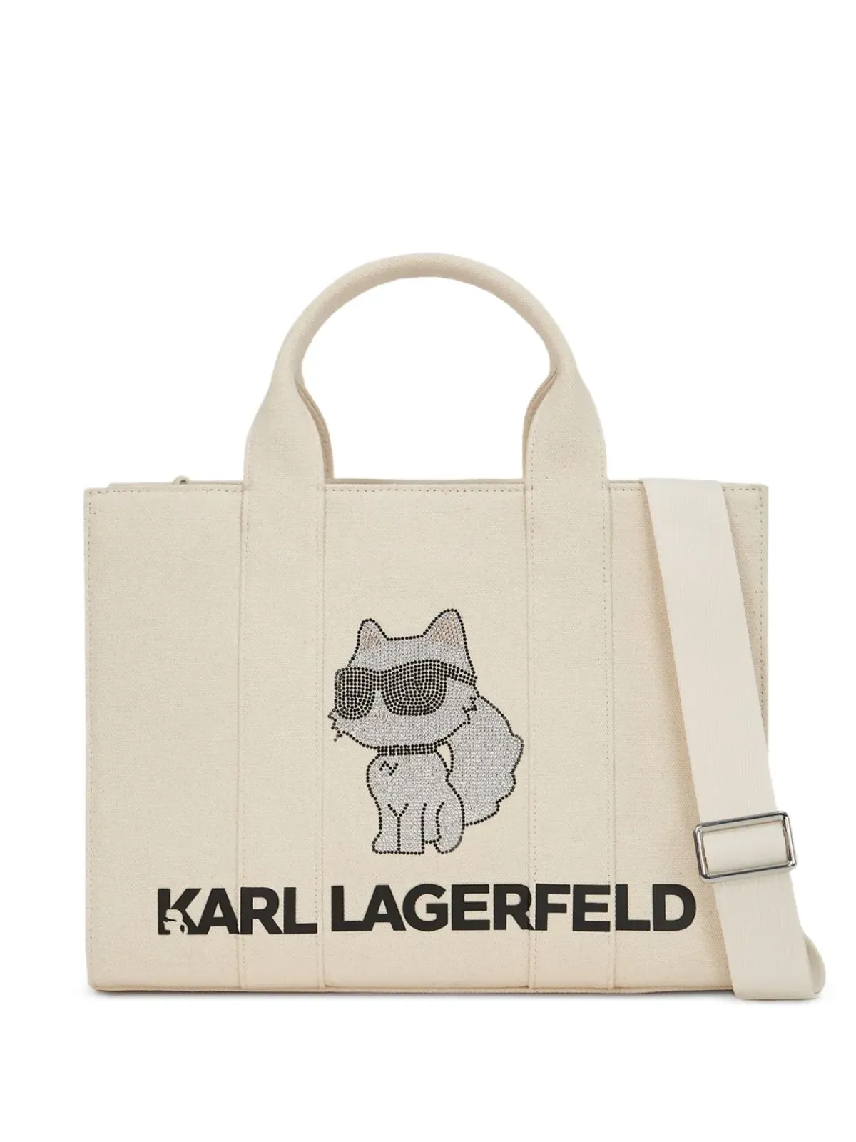 Karl Lagerfeld ベージュのChoupetteキャットモチーフ クリスタル装飾 トートバッグ - 画像1