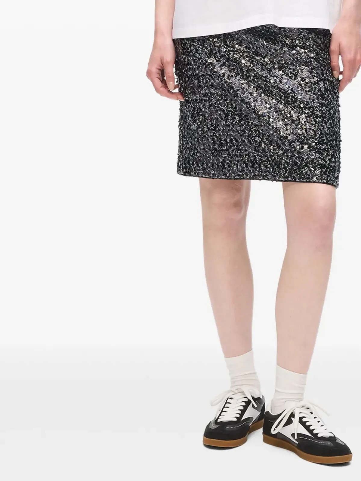 Karl Lagerfeld ヘリンボーン柄スパンコールスカート（ブラック） - 画像5