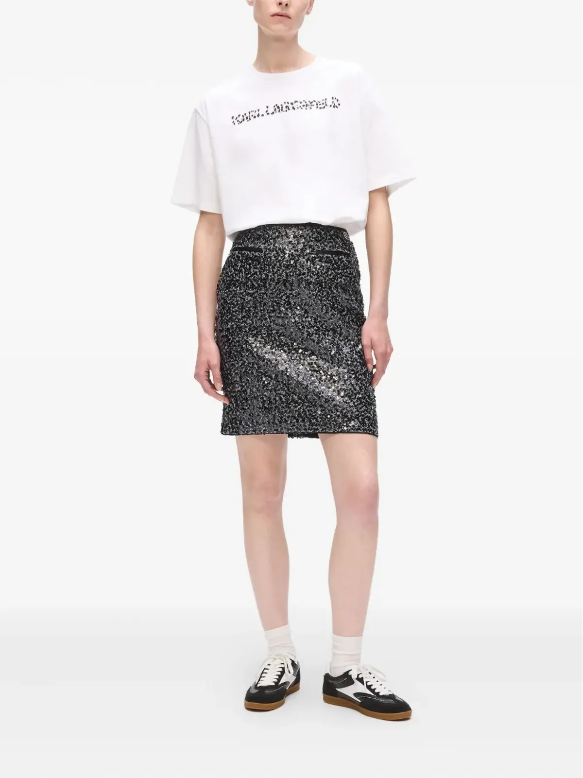 Karl Lagerfeld ヘリンボーン柄スパンコールスカート（ブラック） - 画像2