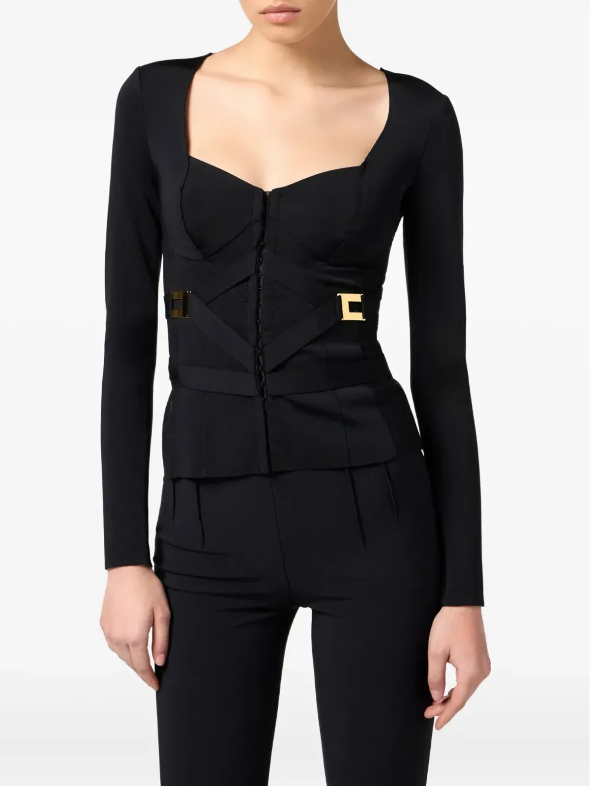 Elisabetta Franchi コルセットディテール長袖Tシャツ ブラック - 画像4