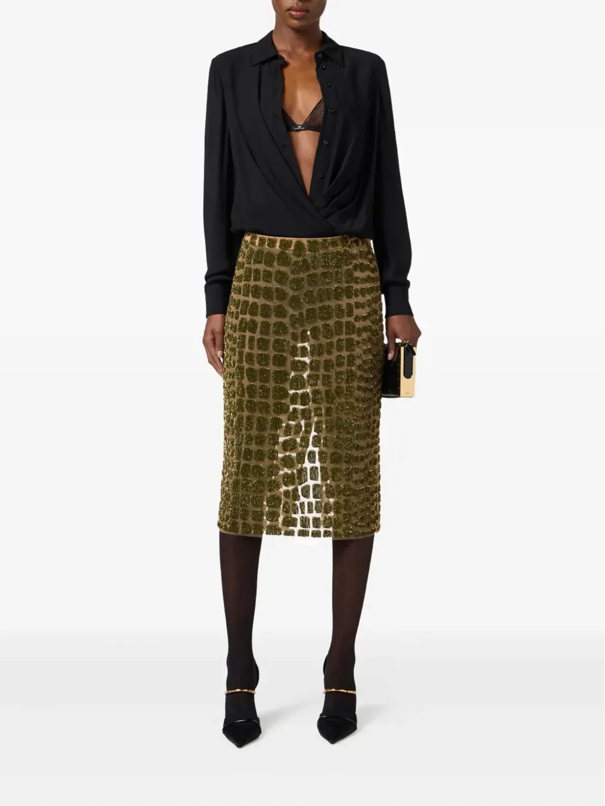 Elisabetta Franchi ビーズ装飾入りミディスカート（ゴールド） - 画像2