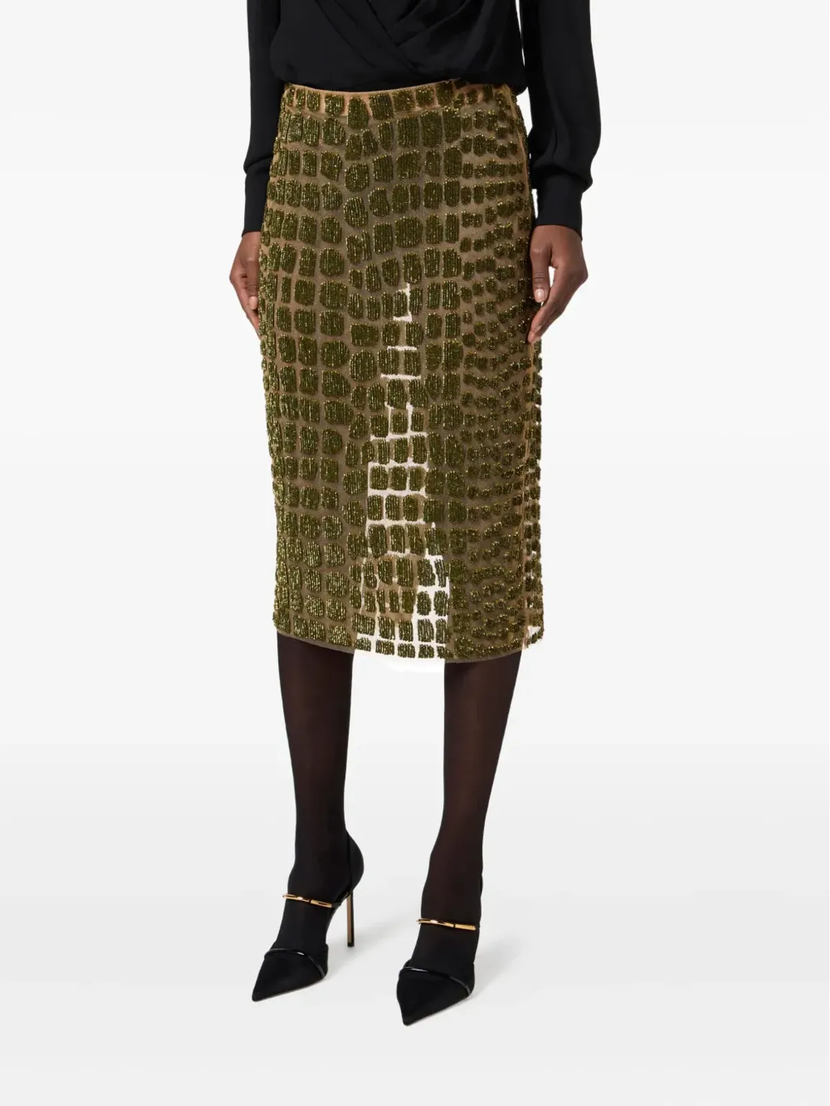 Elisabetta Franchi ビーズ装飾入りミディスカート（ゴールド） - 画像3