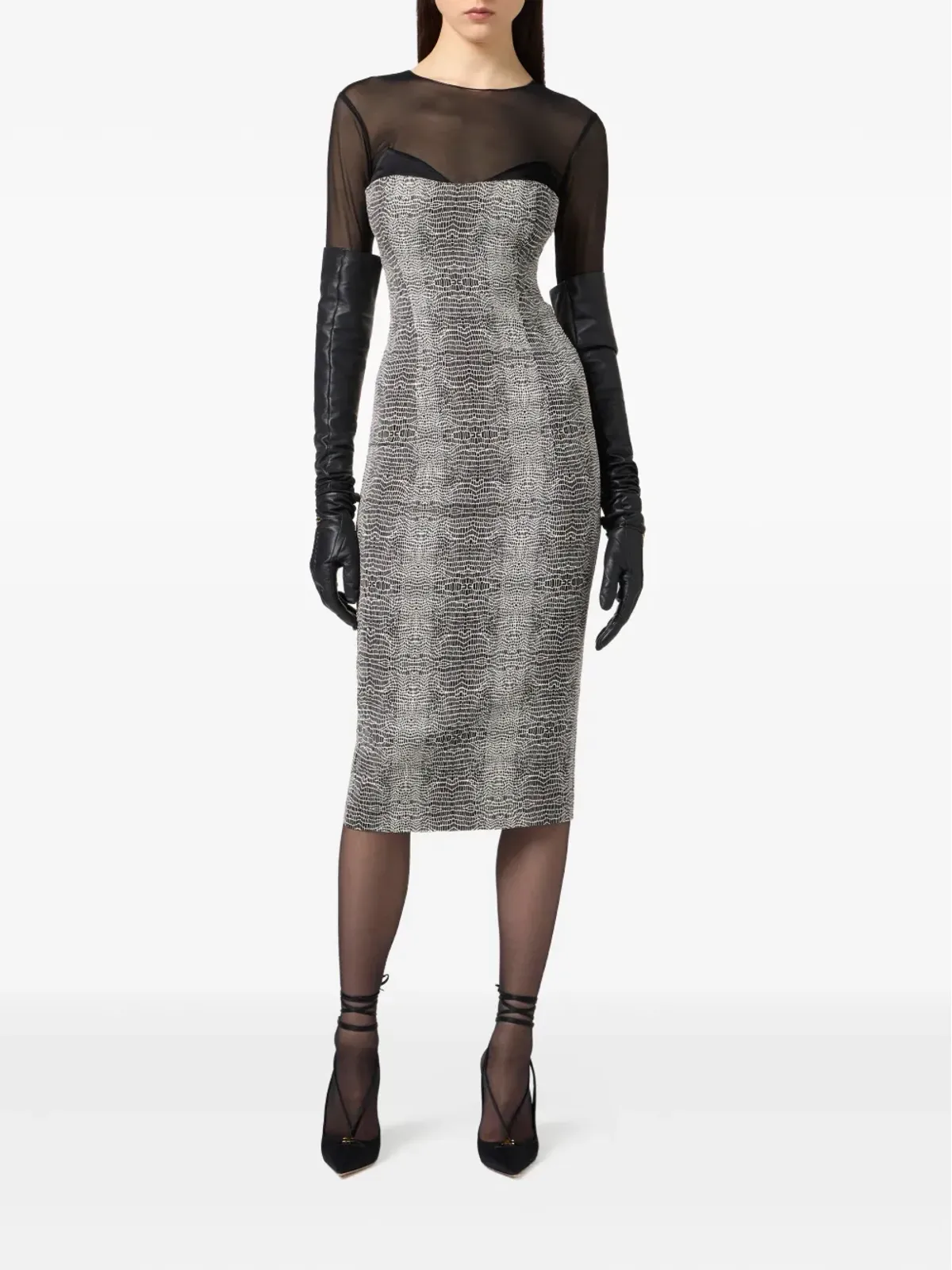 Elisabetta Franchi パイソンプリント メッシュインサート ミディドレス - 画像2