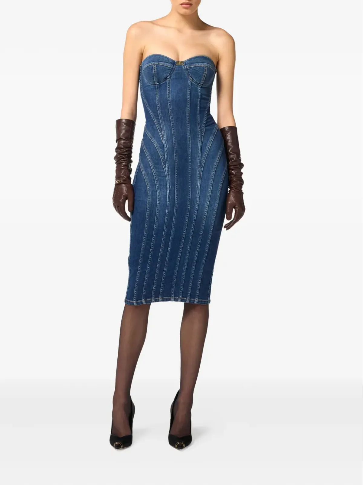 Elisabetta Franchi ストラップレス デニム ミディドレス - ブラック - 画像2