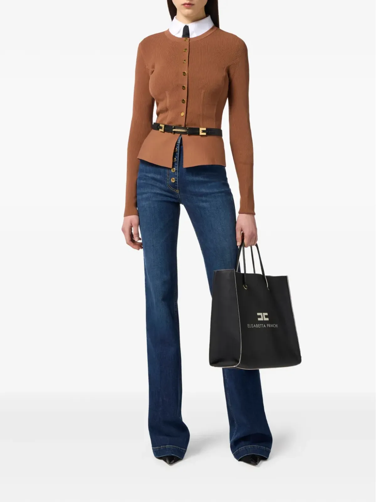 Elisabetta Franchi リブ編み ジュエルボタン カーディガン - ブラウン - 画像2