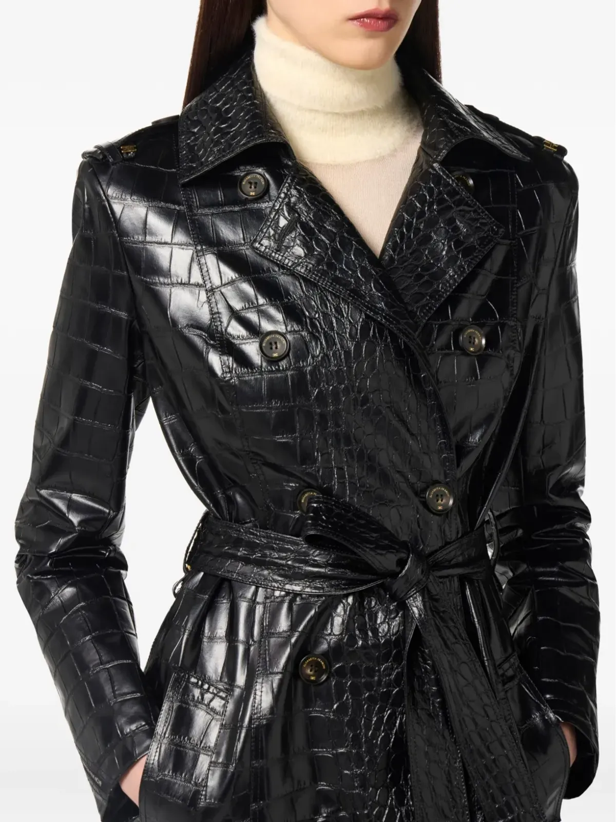 Elisabetta Franchi クロコダイルエフェクト ダブルブレスト トレンチコート - 画像4