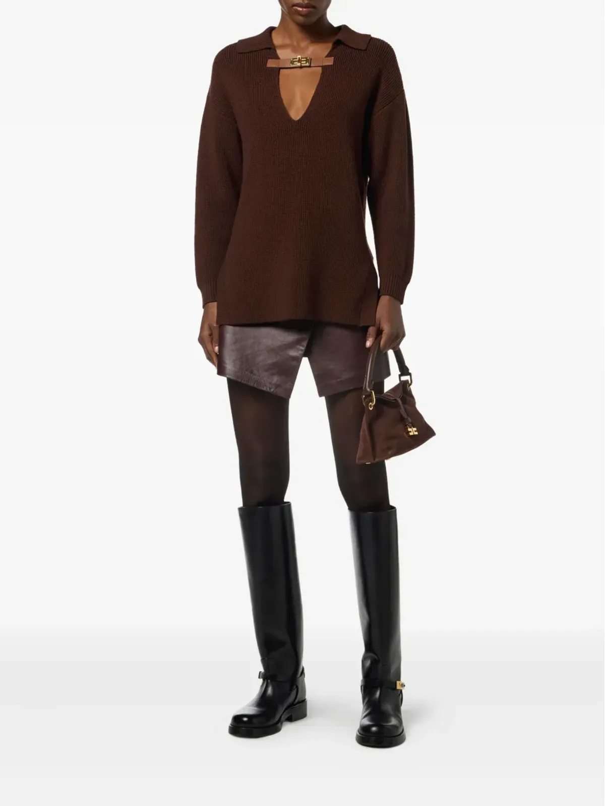 Elisabetta Franchi バックルディテール ポロカラー セーター - ブラウン - 画像2