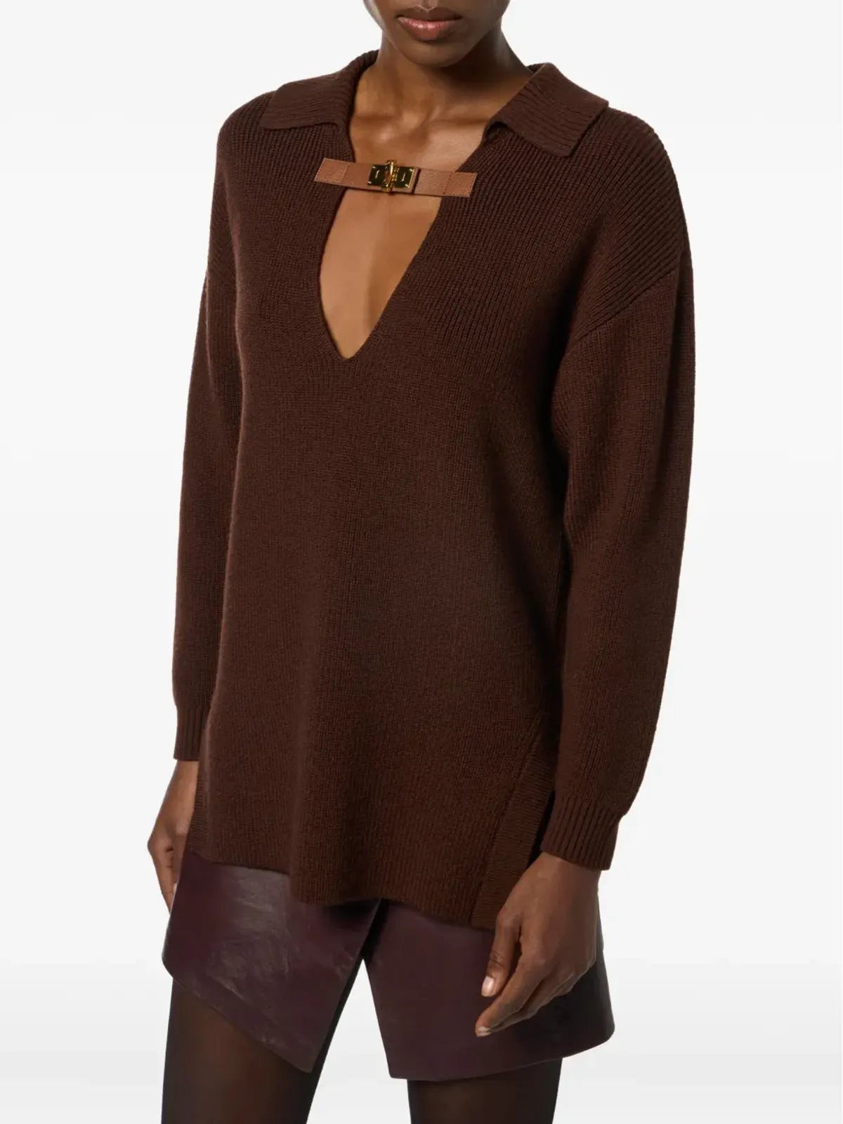 Elisabetta Franchi バックルディテール ポロカラー セーター - ブラウン - 画像4