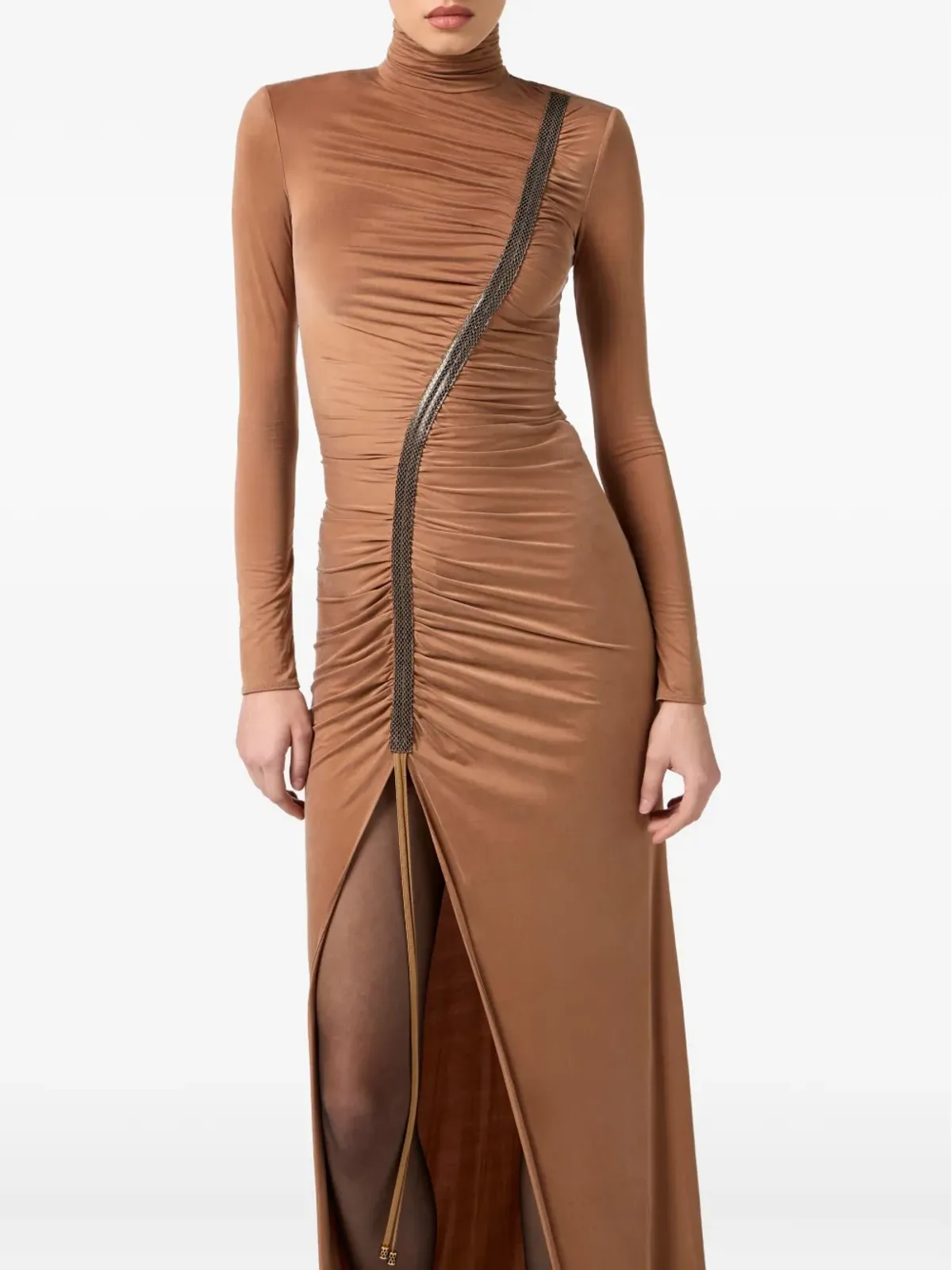 Elisabetta Franchi ハイネック・エンベリッシュド・マキシドレス ブラウン - 画像4