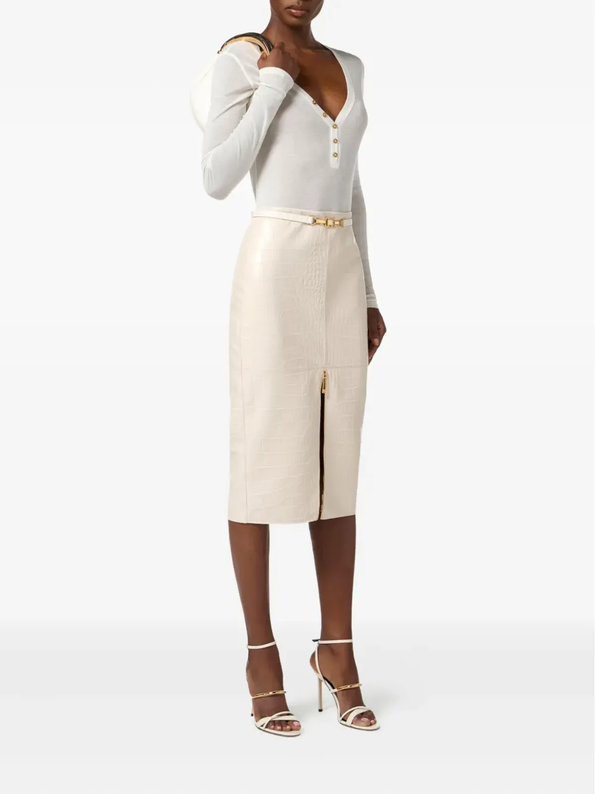 Elisabetta Franchi クロコダイルプリント テクスチャ ジップフロント スカート - 画像2