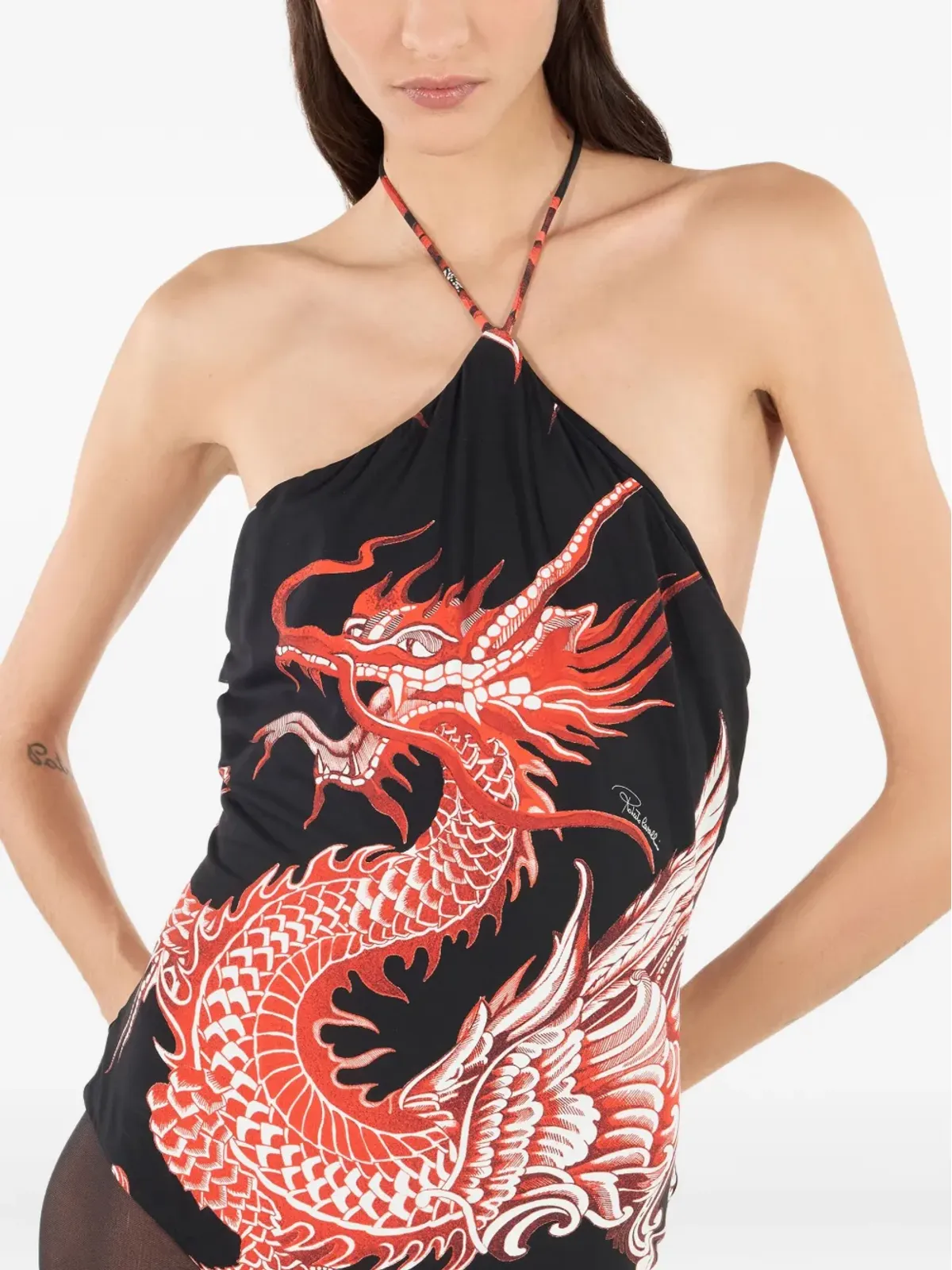 Roberto Cavalli ドラゴンプリント ホルターネック ボディスーツ - 画像5