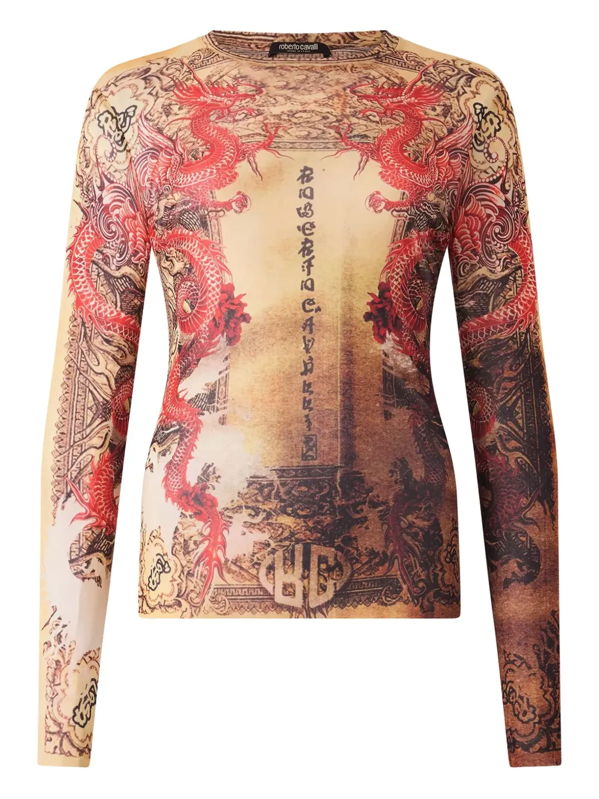 Roberto Cavalli ドラゴンモチーフ長袖トップ - 画像1