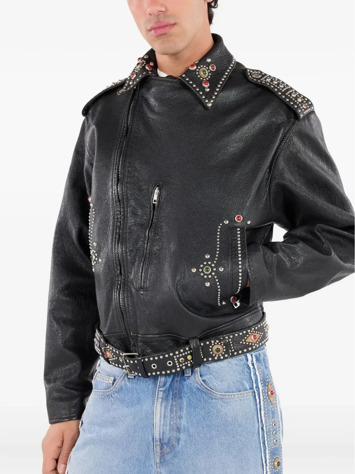 Roberto Cavalli スタッズ装飾レザーバイカージャケット - ブラック - 画像5