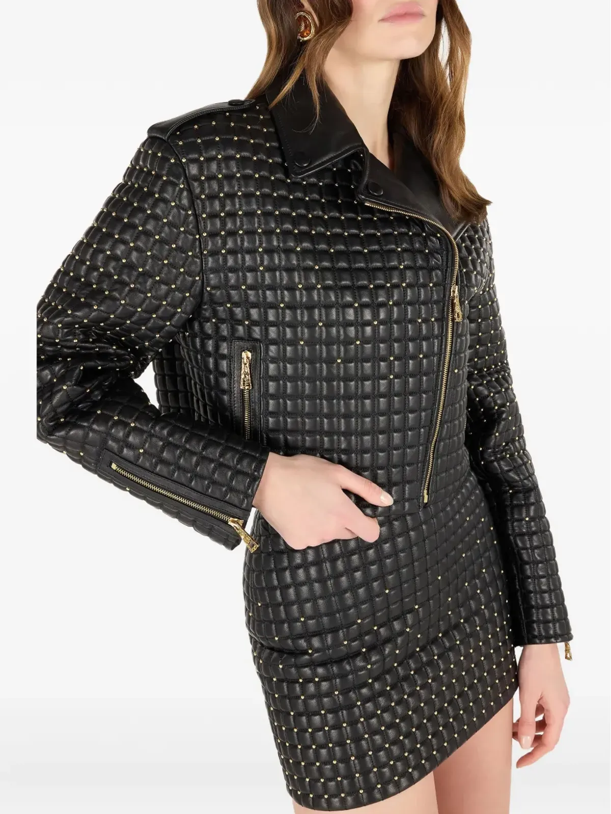 Roberto Cavalli キルテッドスタッズレザージャケット - 画像4