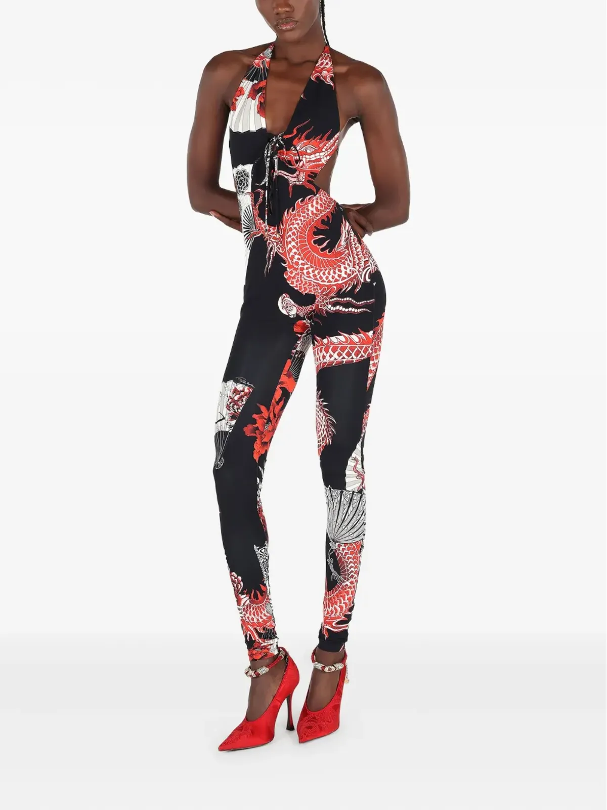 Roberto Cavalli ドラゴンプリント レースアップ ジャンプスーツ - 画像2