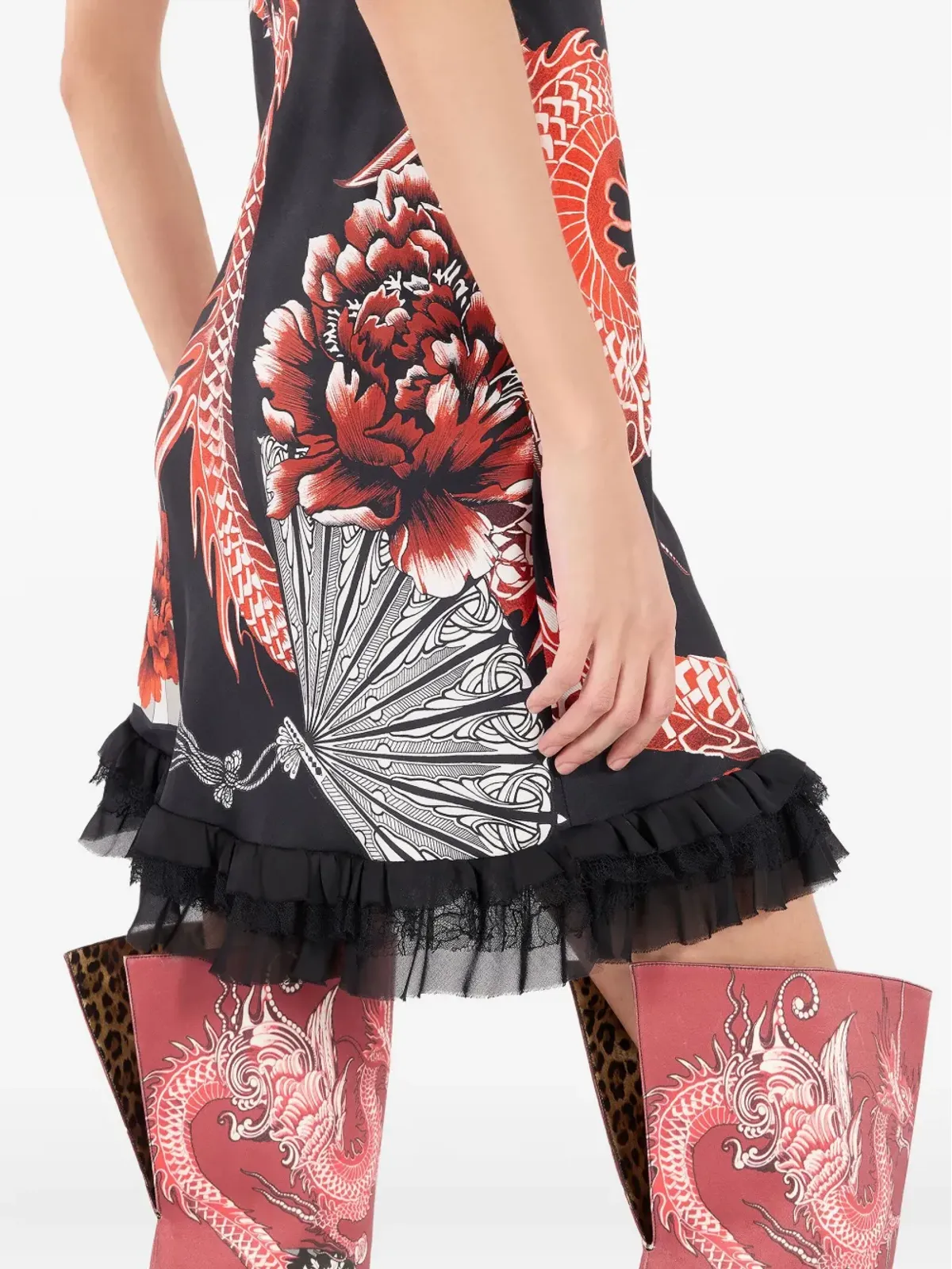 Roberto Cavalli ブラック フリルドラゴンプリント ミニドレス - 画像5