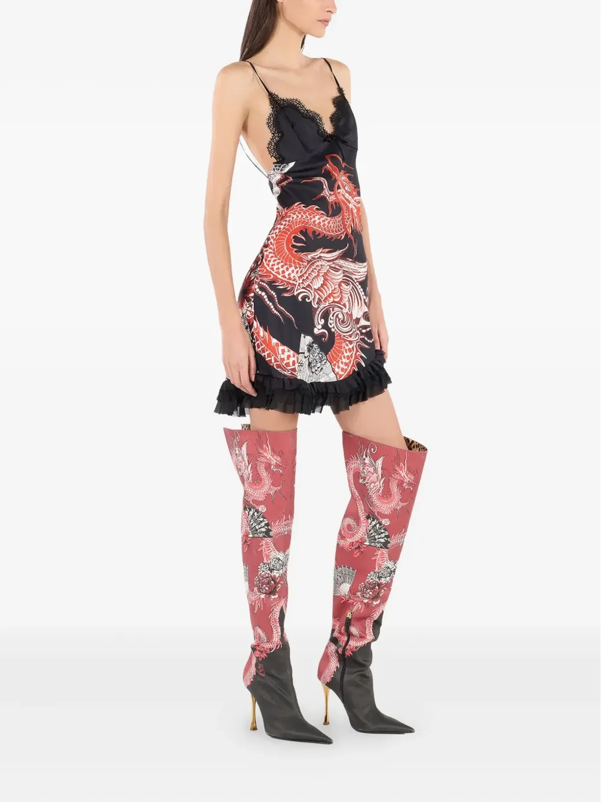 Roberto Cavalli ブラック フリルドラゴンプリント ミニドレス - 画像3