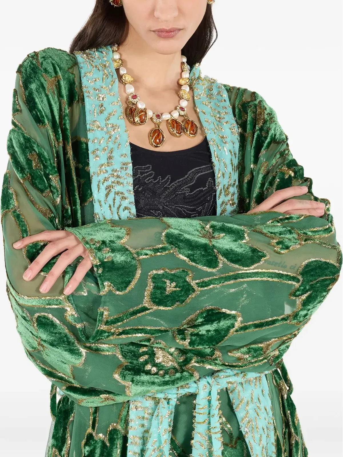 Roberto Cavalli 花柄ベルベットローブ（グリーン） - 画像5