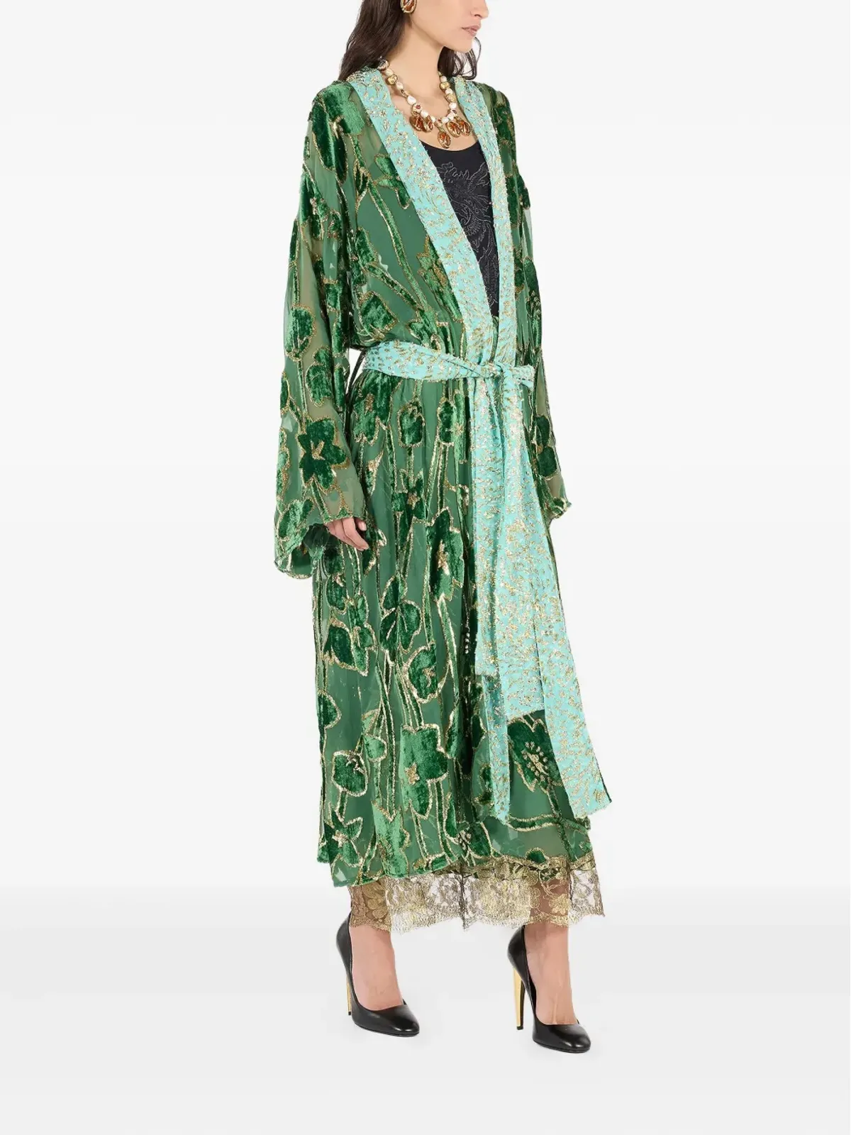 Roberto Cavalli 花柄ベルベットローブ（グリーン） - 画像3