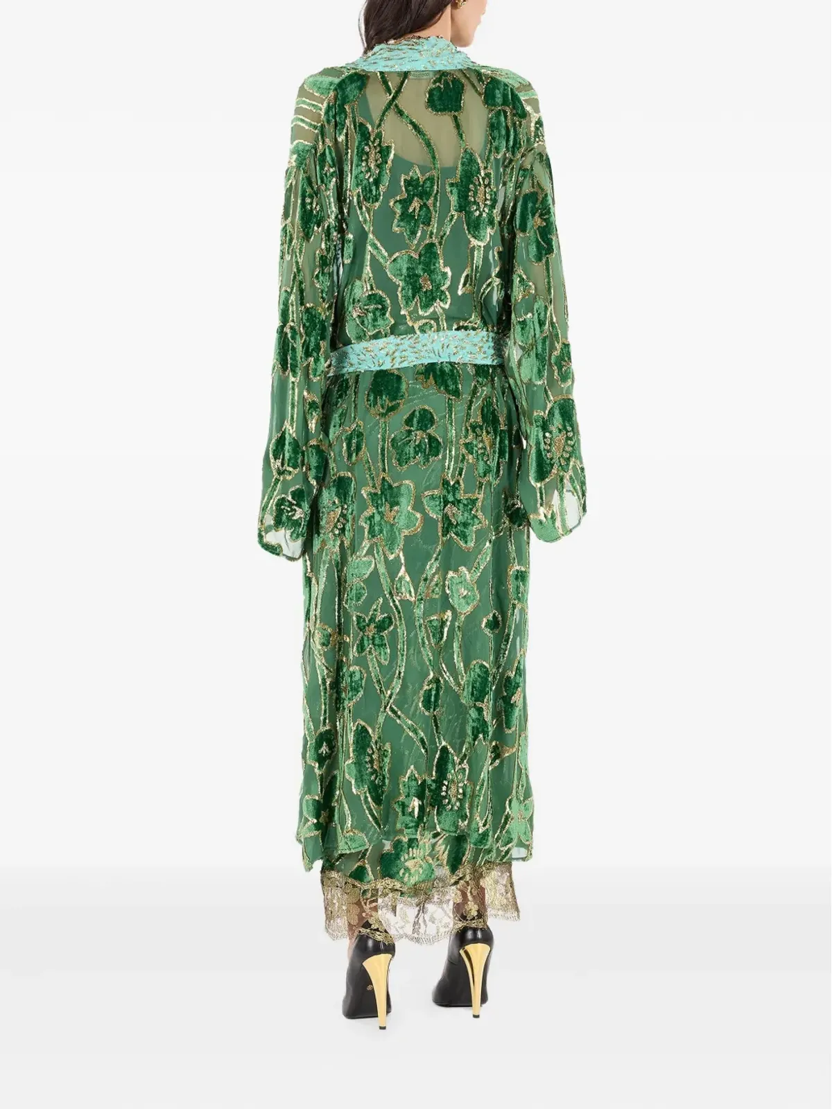 Roberto Cavalli 花柄ベルベットローブ（グリーン） - 画像4