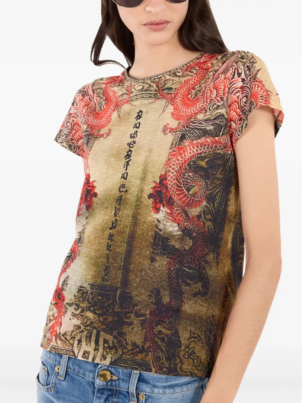 Roberto Cavalli 竜柄プリントTシャツ ベージュ - 画像5
