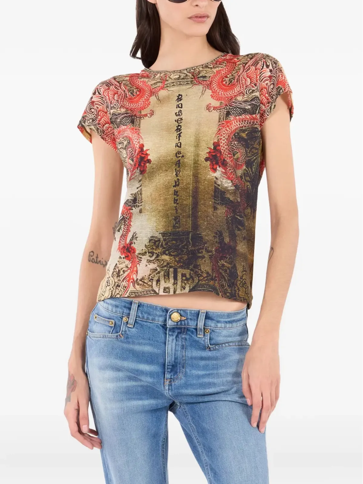 Roberto Cavalli 竜柄プリントTシャツ ベージュ - 画像3