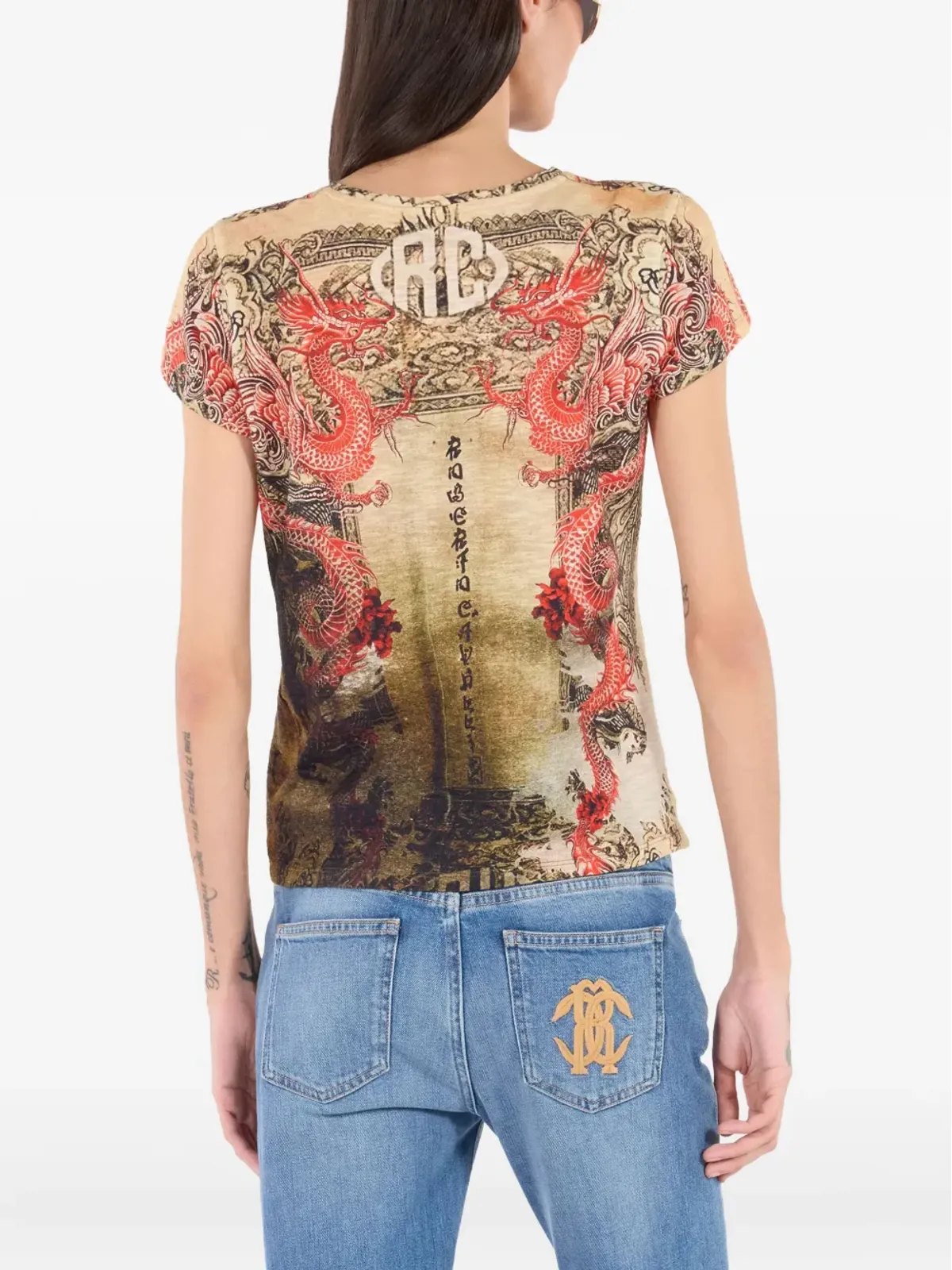 Roberto Cavalli 竜柄プリントTシャツ ベージュ - 画像4