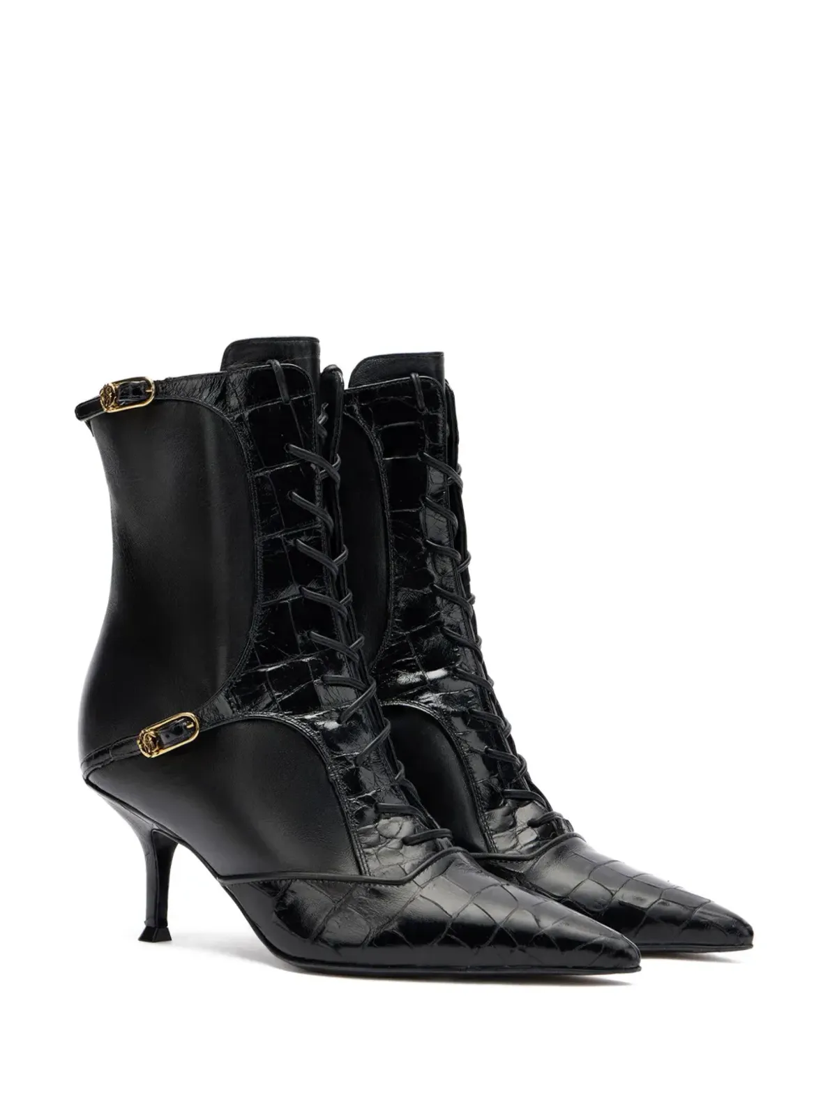Roberto Cavalli ブラック クロコダイルエフェクト レースアップ アンクルブーツ - 画像2