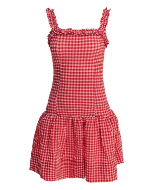 GANNI ラッフルトリム付きギンガムミニドレス - Red - サムネイル1