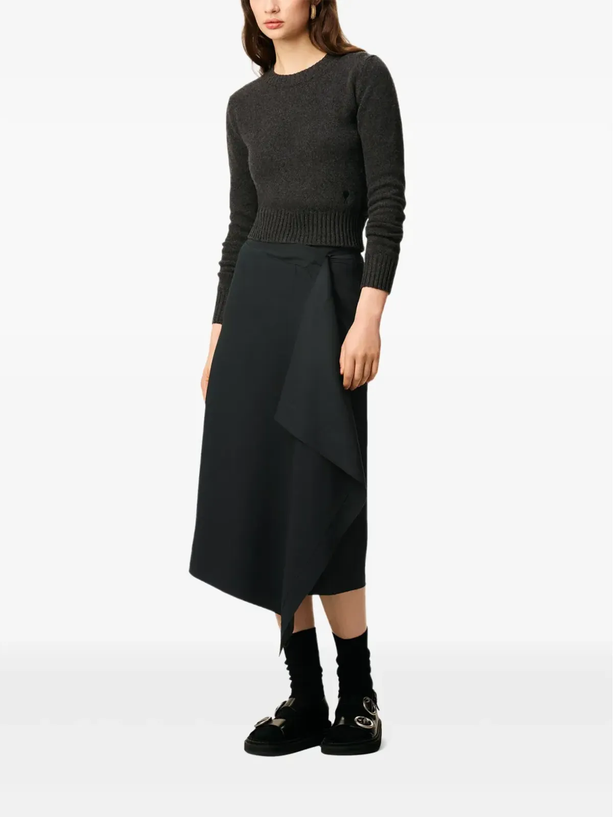 AMI Paris ラップ風 アシンメトリック ウール ミディスカート - 画像5
