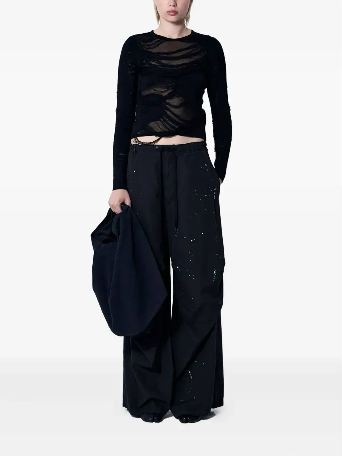 MM6 Maison Margiela ダメージ加工 クルーネックセーター ブラック - 画像2