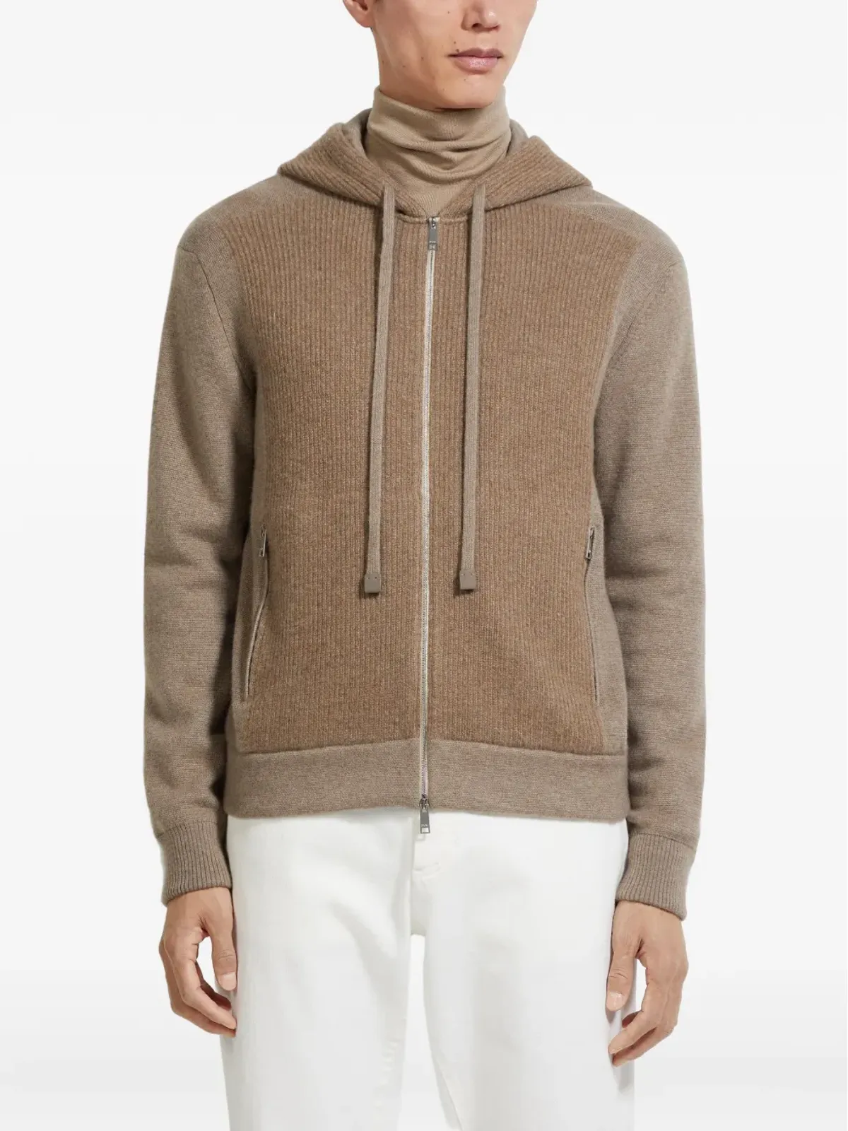 Zegna リブ編みパネルジップアップフーディ - 画像2
