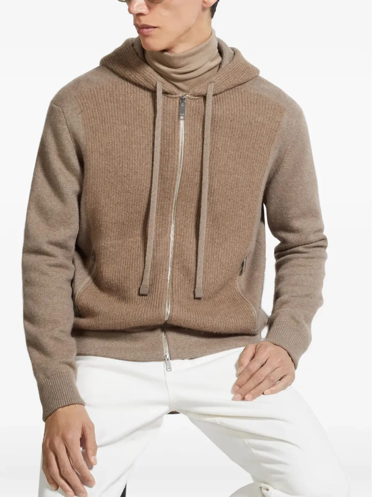 Zegna リブ編みパネルジップアップフーディ - 画像4