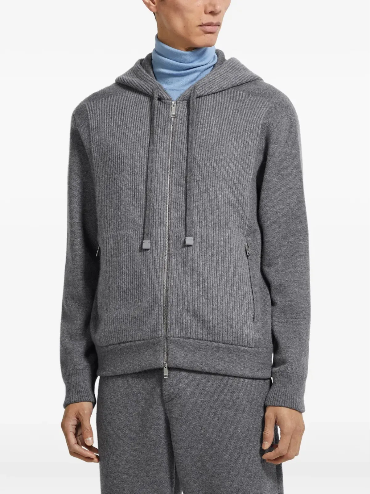 Zegna リブ編みジップアップフーディ - 画像3