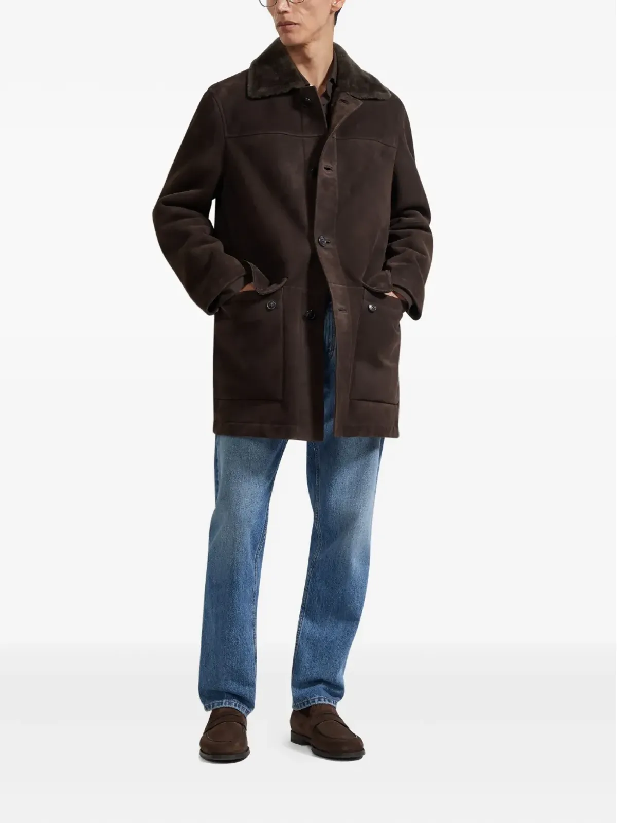 Zegna シアリングカラー付きスエードコート - 画像2