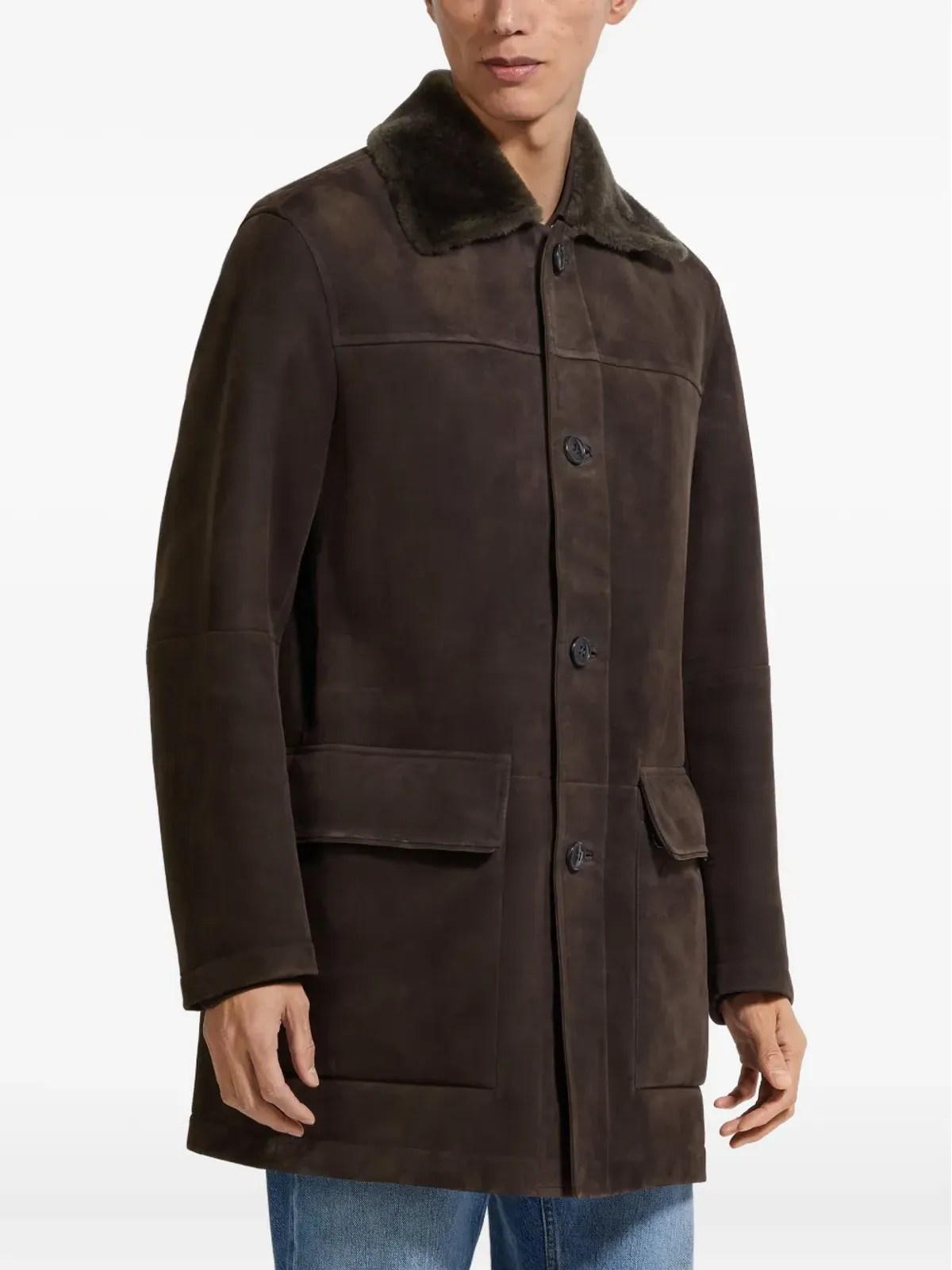 Zegna シアリングカラー付きスエードコート - 画像3