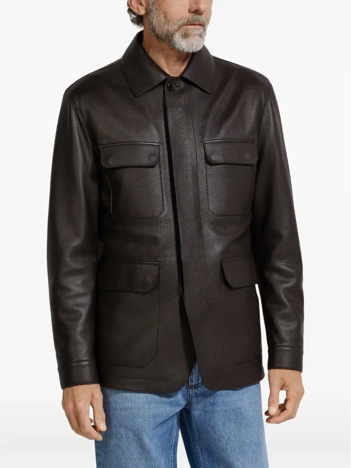 Zegna レザー フラップポケット ジャケット - 画像3