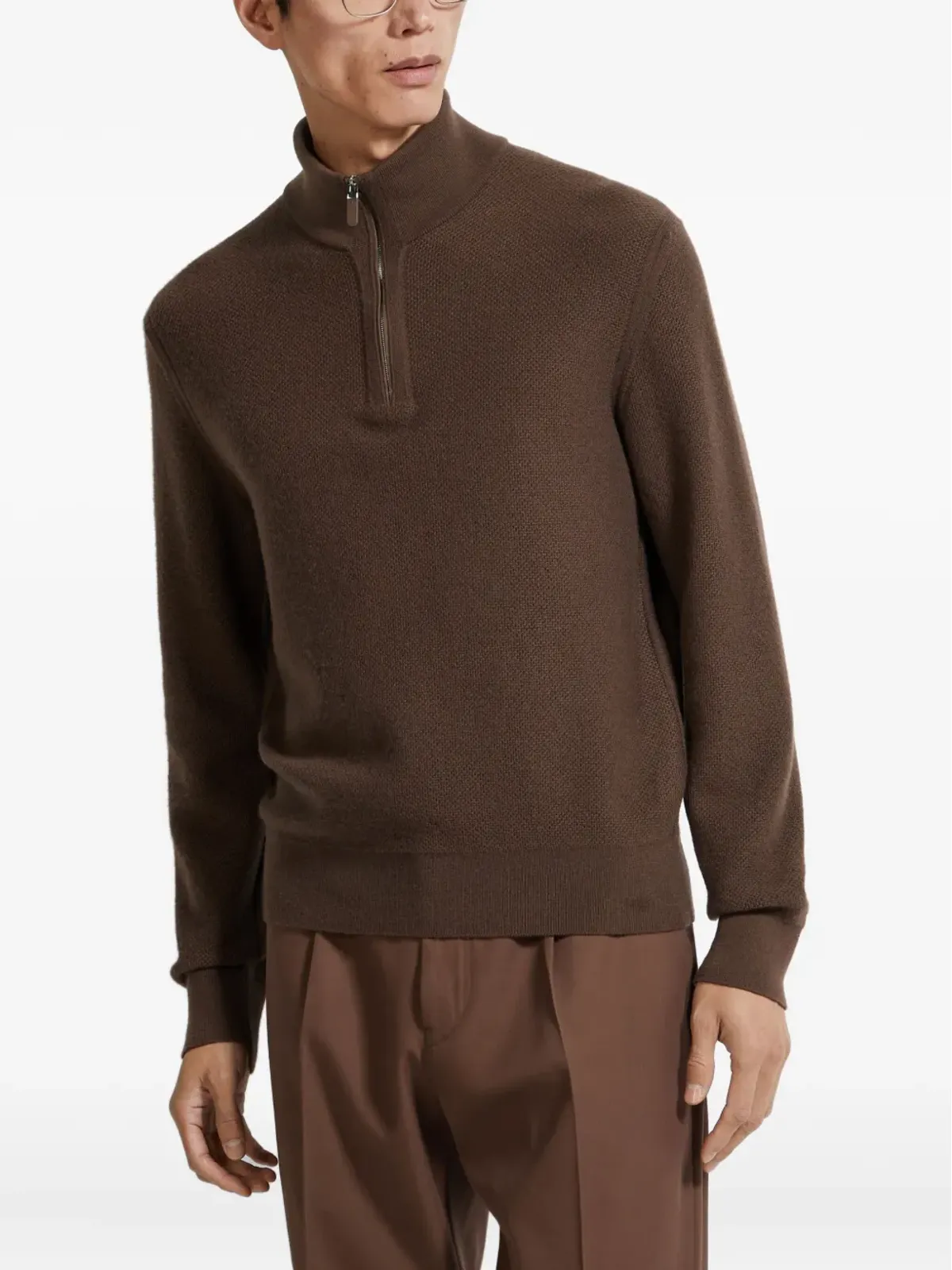 Zegna ハーフジップ カシミヤセーター ブラウン - 画像4