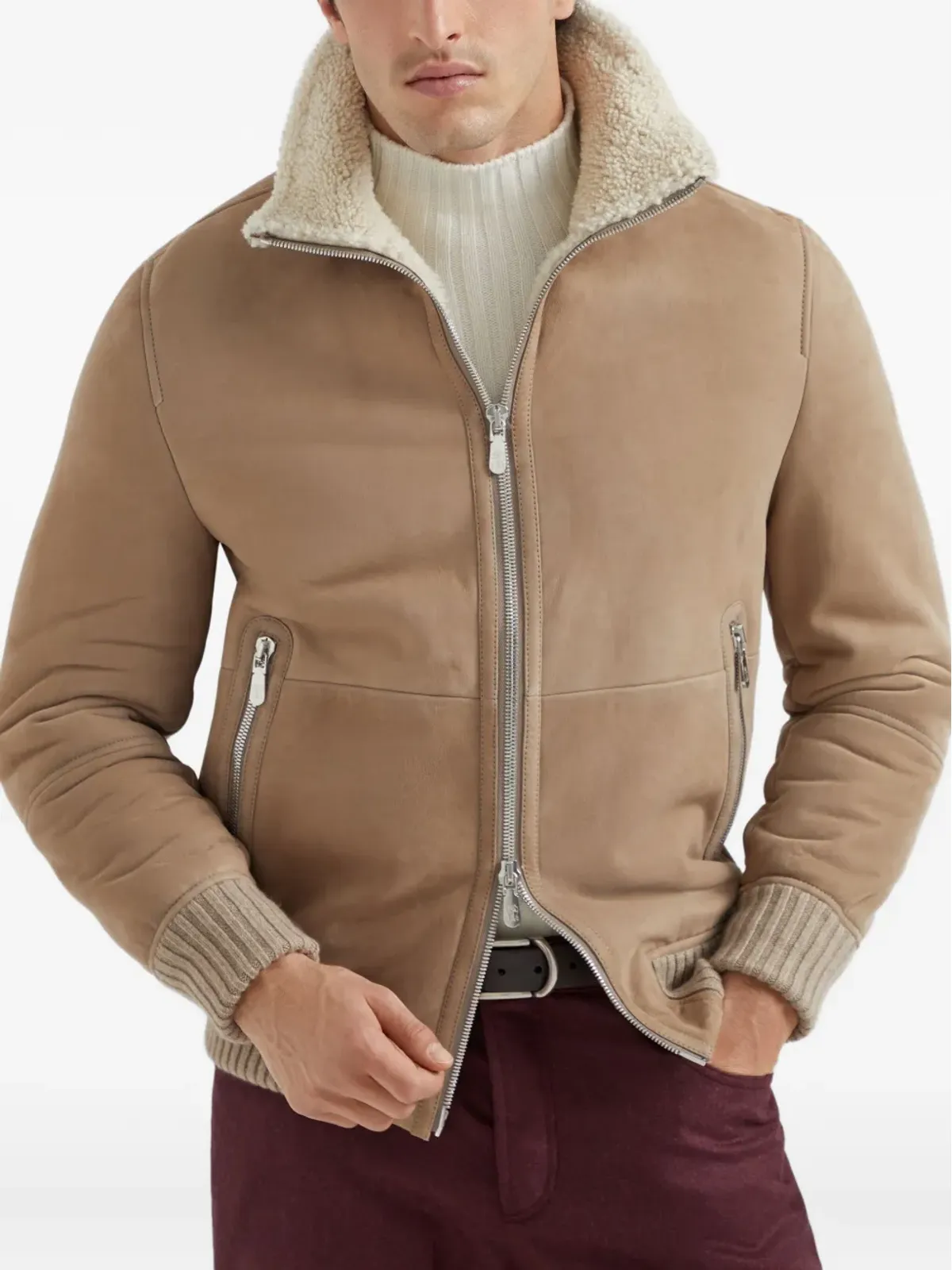 Brunello Cucinelli シアリングカラー付きスエードジャケット - 画像3
