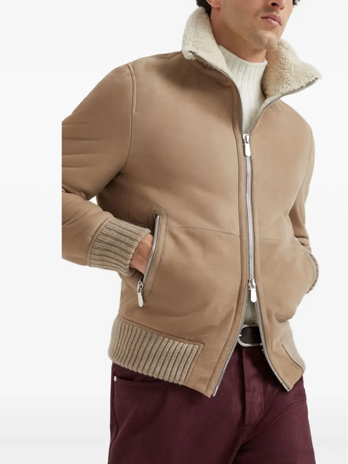 Brunello Cucinelli シアリングカラー付きスエードジャケット - 画像4