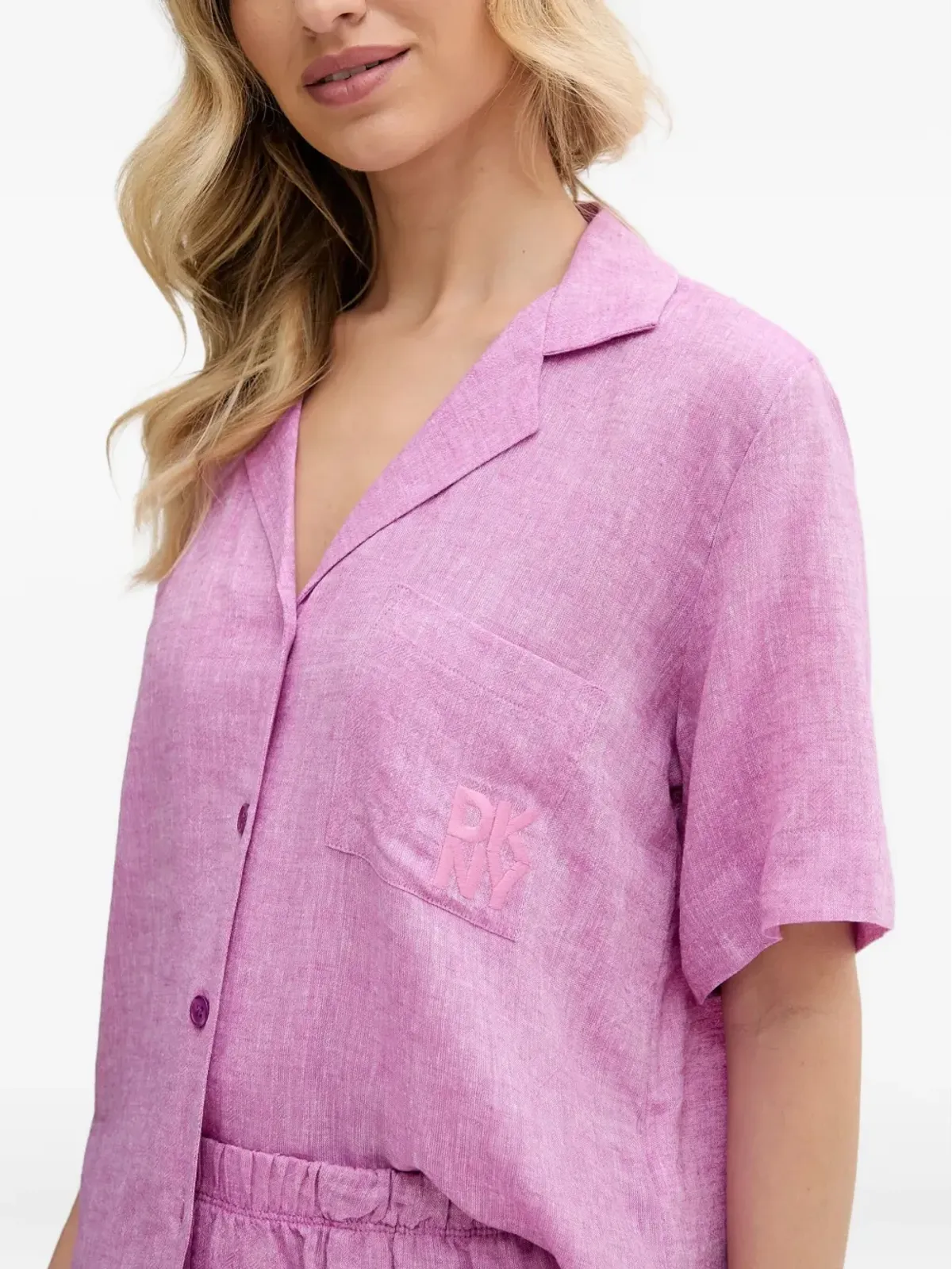 DKNY 刺繍入りリネンブレンドショーツパジャマセット - ピンク - 画像3