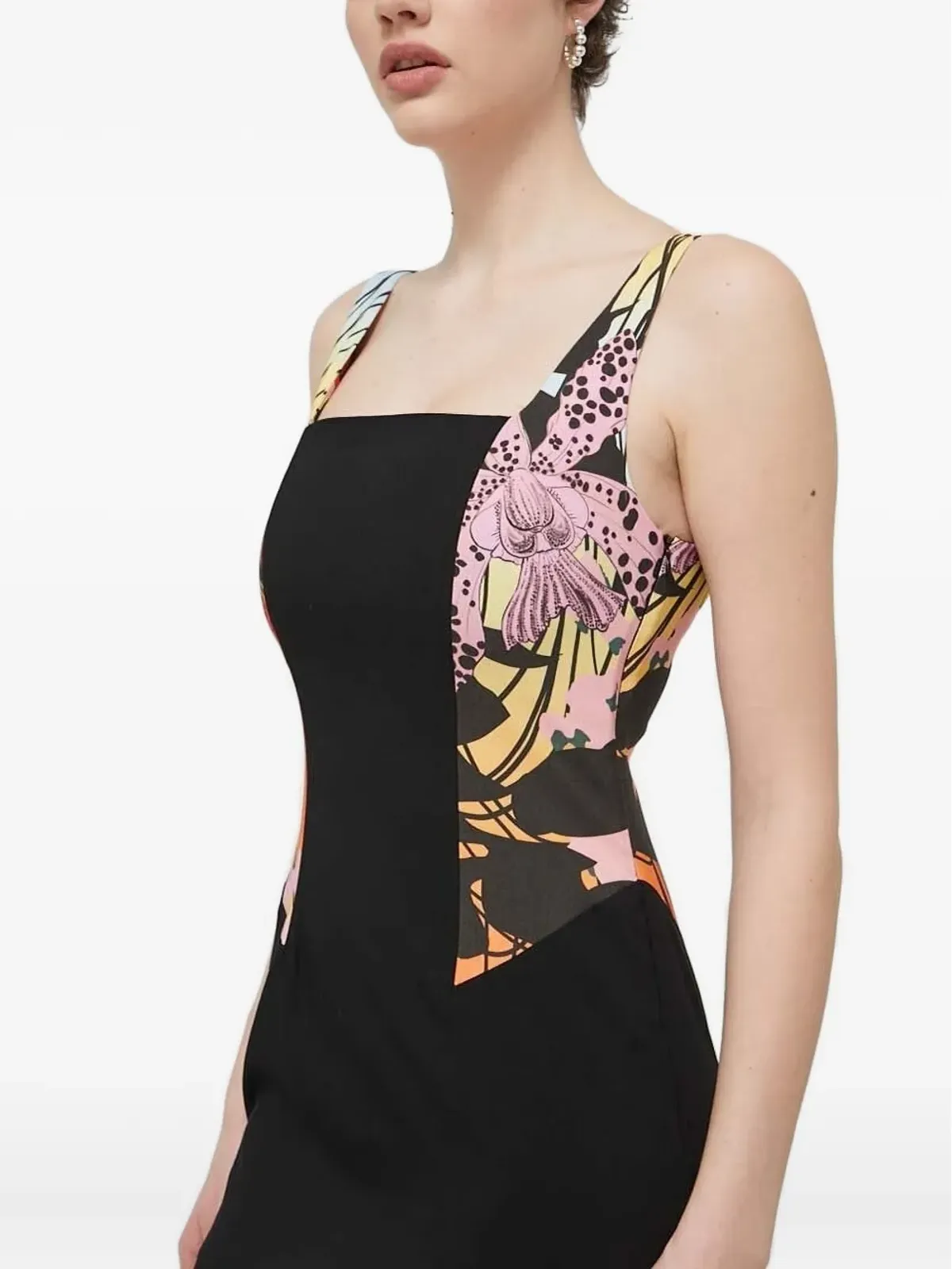 Desigual 花柄パネル付きスクエアネックのミニデイドレス ブラック - 画像3