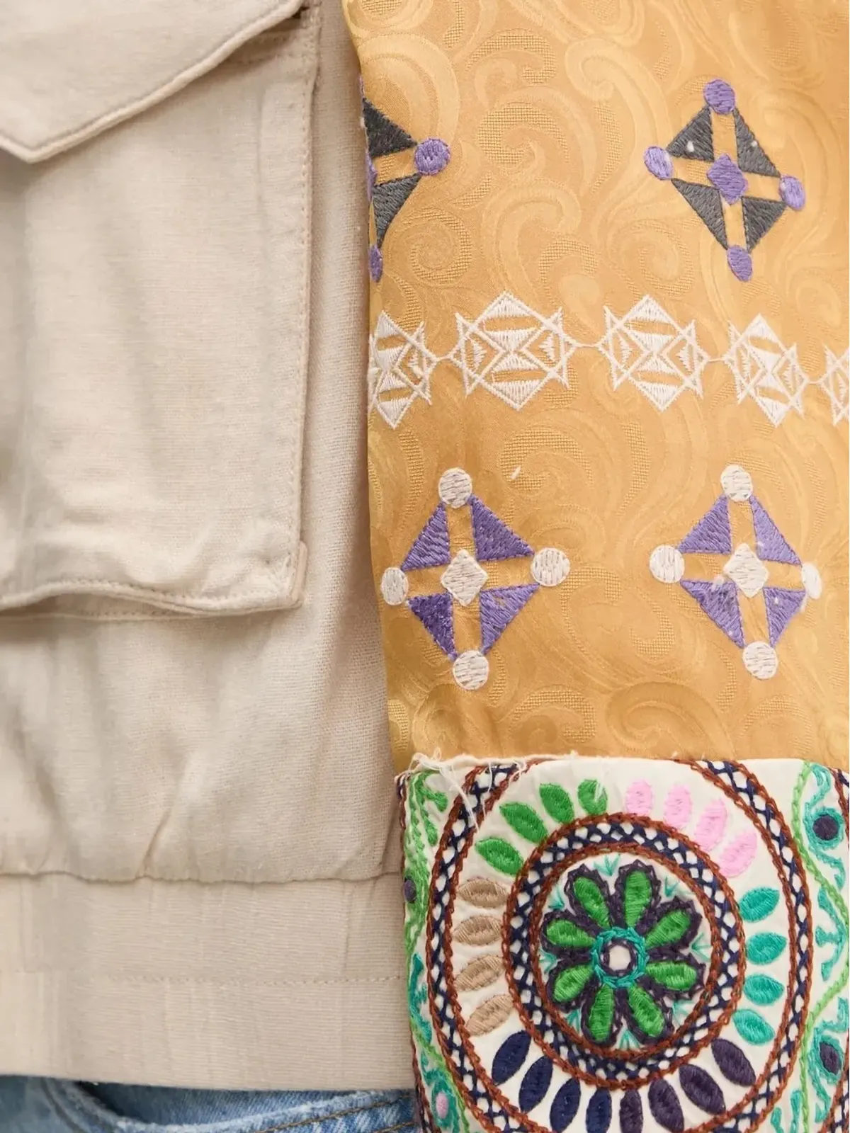 Desigual パッチワークスリーブ ボンバージャケット（ニュートラルカラー） - 画像4