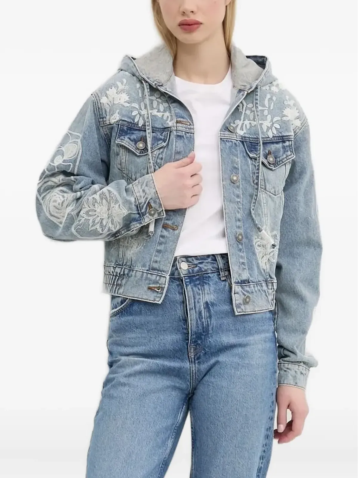 Desigual 刺繍花柄フード付きデニムジャケット - 画像1