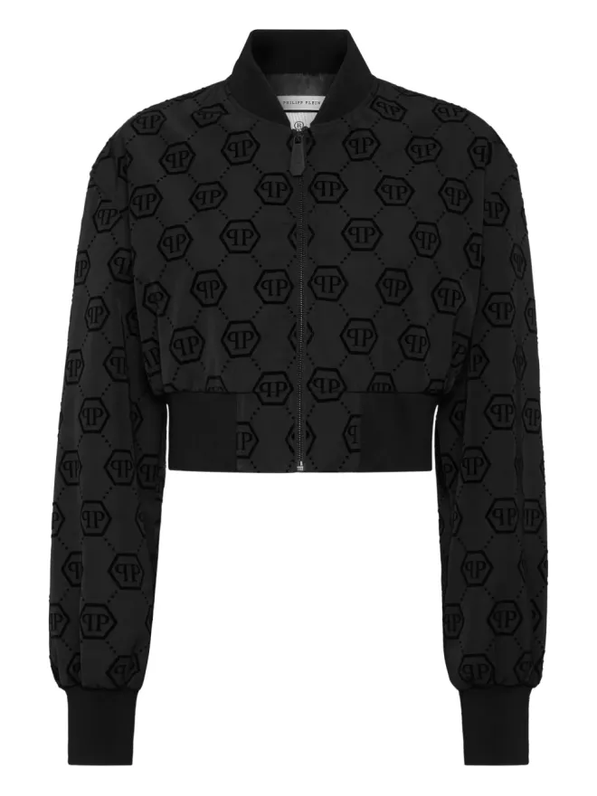 Philipp Plein Philipp Plein モノグラムフロック加工ボンバージャケット ブラックの商品画像