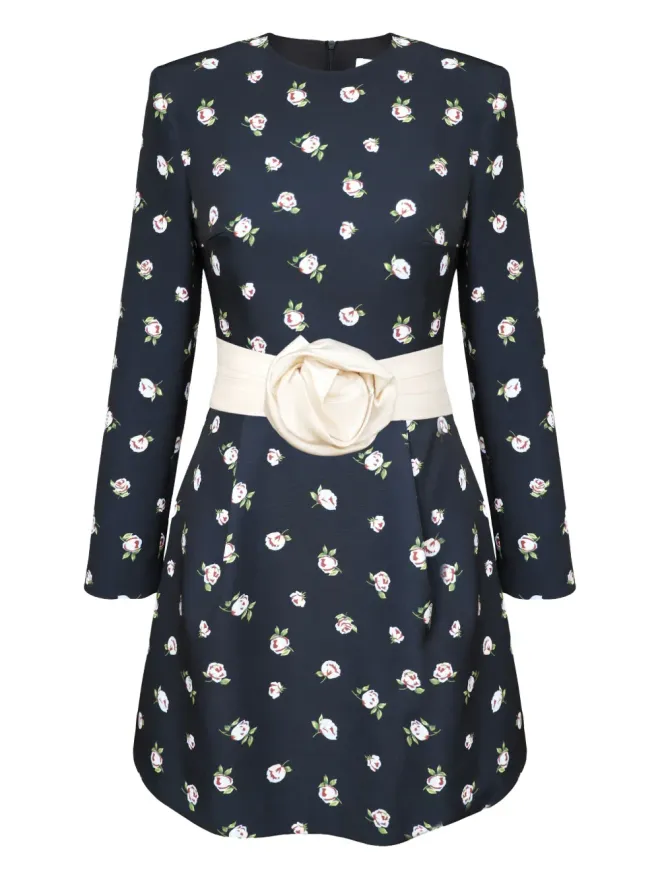 POST MERIDIEM POST MERIDIEM ローズプリントベルト付きミニドレス - ブルーの商品画像